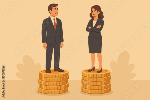 Gender Pay Gap Inequality Concept. Businessman and Businesswoman in Suits Standing on Unequal Coin Stacks. Salary Difference, Workplace Compensation Disparity, Equal Pay, Financial Fairness Vector