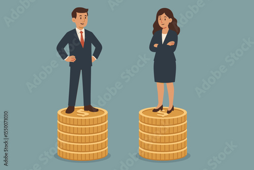 Gender Pay Gap Concept, Businessman and Businesswoman Standing on Unequal Coin Stacks, Salary Inequality, Equal Pay, Compensation, Wage Disparity, Economic Justice, Vector Cartoon Illustration