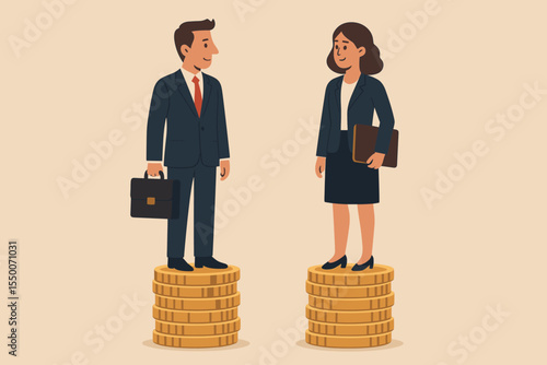 Gender Pay Gap Concept Businessman and Businesswoman Standing on Coin Stacks Income Inequality Salary Difference Equal Pay Discrimination Workplace Diversity Vector Illustration Compensation Fairness