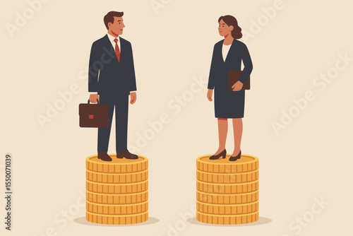 Gender pay gap concept, businessman and businesswoman in suit standing on gold coin stacks, salary inequality, workplace compensation disparity, equal pay, gender equality, cartoon vector illustration