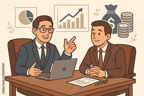 Business Meeting with Financial Advisor Discussing Wealth Management, Investment Strategy, Profit Growth, Financial Planning, Money Success, Charts, Laptop Analysis, Coin and Dollar Icon Vector