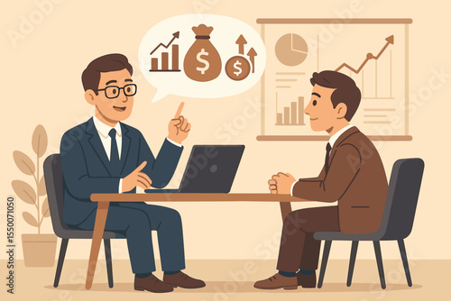 Financial advisor consulting client on investment portfolio, business growth strategy, wealth management, money planning, corporate finance, banking, economic analysis, office meeting vector