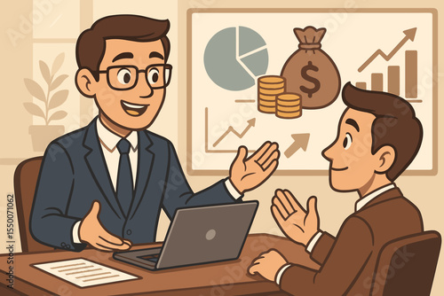 Business Meeting with Financial Advisor Discussing Investment Growth, Wealth Management Strategies, Profit Analysis, Consulting, Money Planning, Cartoon Office Vector Illustration, Economic Success