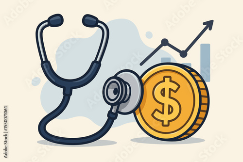 Financial health check concept. Stethoscope examining dollar coin. Business finance audit. Cartoon vector illustration. Economic analysis, investment growth, budget control. Healthcare cost metaphor