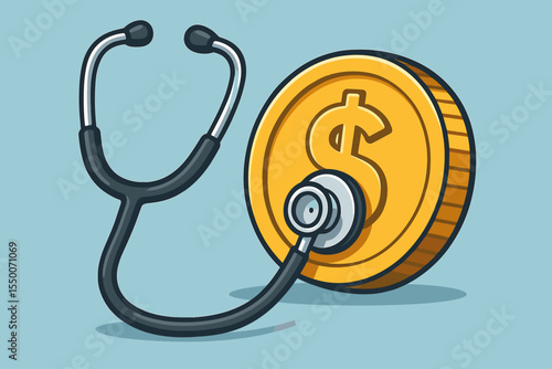Financial health check concept with stethoscope examining gold dollar coin, business money diagnostic metaphor, economic wellness evaluation, healthcare finance audit, cartoon vector illustration