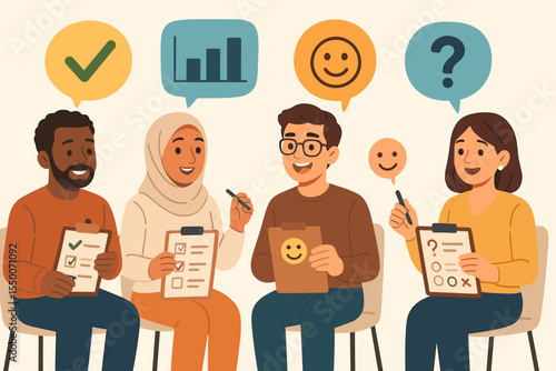 Diverse focus group taking market research survey, analyzing customer feedback, collecting public opinion, gathering consumer insights, teamwork discussion, vector illustration, business concept