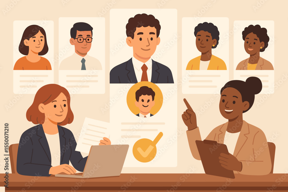 Human resource managers reviewing candidates resumes and selecting best applicant for job. Recruitment, hiring process, employment, teamwork, HR interview, office discussion, vector illustration Human resource managers reviewing candidates resumes and selecting best applicant for job. Recruitment, hiring process, employment, teamwork, HR interview, office discussion, vector illustration