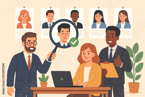 Human resources managers selecting best candidate for job, recruitment process, employment interview, hiring decision, staff selection, recruiters evaluating resumes, career opportunity concept