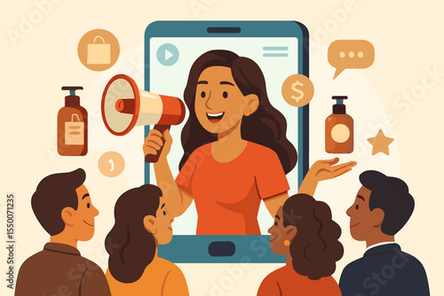 Social media influencer marketing products services online promotion. Vector cartoon showing influencer advertising cosmetics to target audience. Digital sales, branding, followers, engagement concept