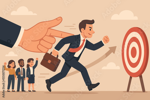 Business mentorship motivation concept. Giant hand pushing businessman towards target. Team support, leadership, achieving goals, career success, guidance, coaching. Vector cartoon illustration