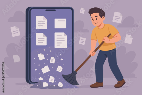 Digital Data Cleanup Concept. Man Sweeping Smartphone Files. Remove Documents, Organize Storage, Delete Unnecessary Data, Clean Mobile Device, Information Management, Vector Cartoon Illustration