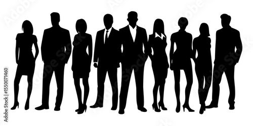 Vector Silhouettes of Men and Women – Group of Standing Business People in Black on White Background

