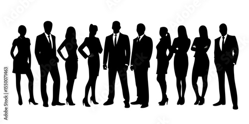 Vector Silhouettes of Men and Women – Group of Standing Business People in Black on White Background

