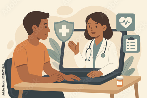 Telemedicine consultation with doctor and patient using laptop for online medical examination, digital healthcare platform, remote health check-up, health insurance, virtual medical service vector
