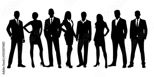 Vector Silhouettes of Men and Women – Group of Standing Business People in Black on White Background

