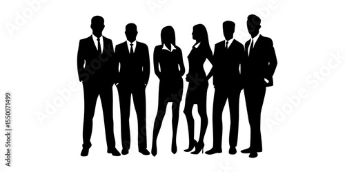 Vector Silhouettes of Men and Women – Group of Standing Business People in Black on White Background

