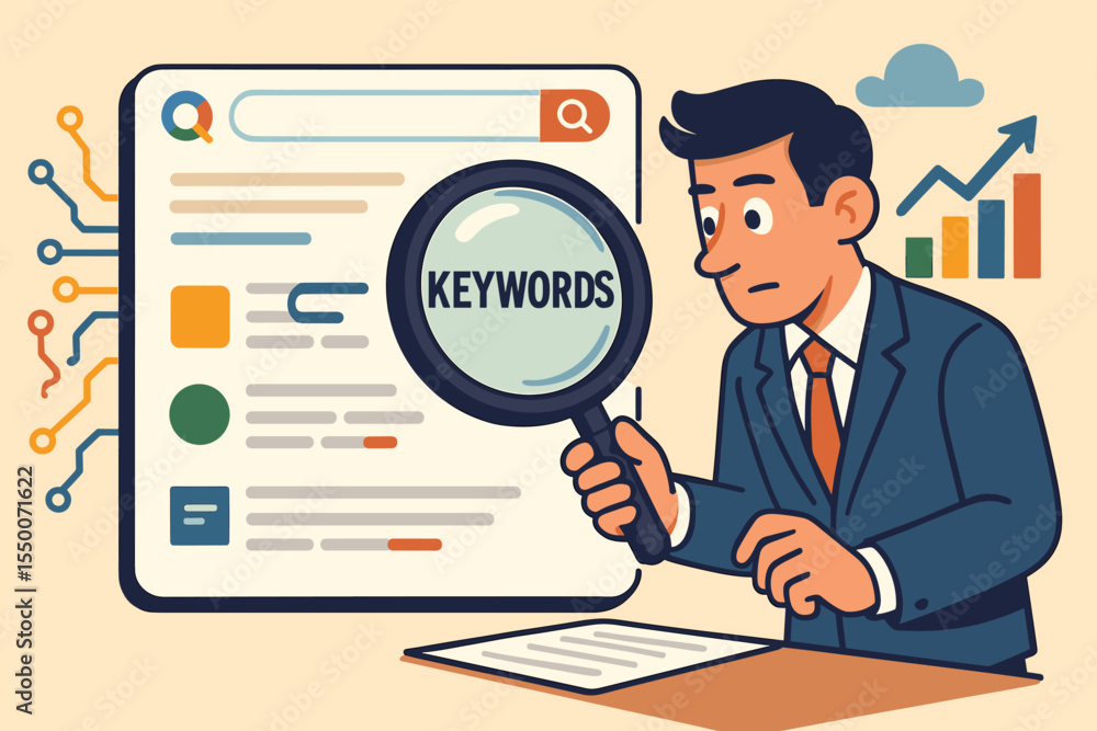 Businessman Analyzing SEO Keywords with Magnifying Glass, Search Engine Optimization, Digital Marketing Strategy, Website Analytics, Vector Illustration, Data Analysis, Online Growth Concept Businessman Analyzing SEO Keywords with Magnifying Glass, Search Engine Optimization, Digital Marketing Strategy, Website Analytics, Vector Illustration, Data Analysis, Online Growth Concept