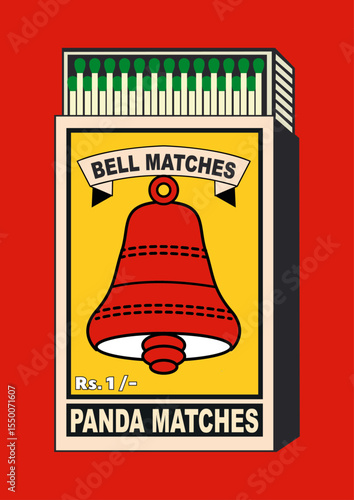 Vintage Indian Matchbox Art – ball, ringer Matches Vector icon. Classic and Old-Style Matchbox Vector chime in Old Indian Design Style. Retro Antique Design Matches Packaging & buzzer Illustration