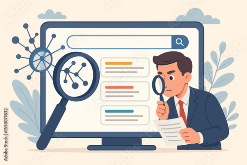 Businessman Analyzing Search Engine Queries with Magnifying Glass, SEO Keyword Research, Data Analysis, Website Results Evaluation, Digital Marketing Strategy Vector Illustration