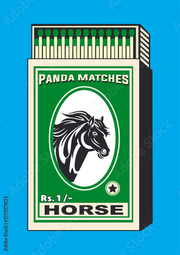 Vintage Indian Matchbox Art – horse & Matches Vector icon. Classic and Old-Style Matchbox Vector equine, steed in Old Indian Design Style. Retro Antique Design Matches Packaging & horse Illustration