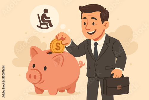 Businessman Saving for Retirement Deposits Money in Piggy Bank. Financial Planning, Investment, Pension Fund Concept. Cartoon Vector Illustration of Wealth Management and Secure Future Savings