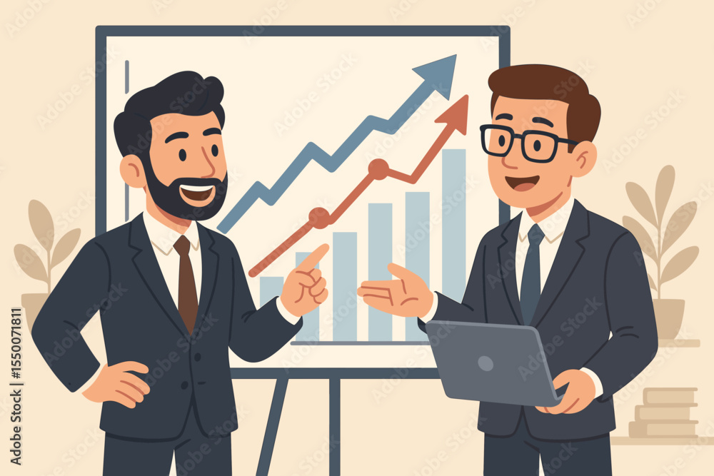 Businessmen Teamwork Discussion, Growth Analysis, Financial Chart Presentation, Corporate Collaboration, Success Strategy, Market Data Review, Office Conference, Vector Illustration Businessmen Teamwork Discussion, Growth Analysis, Financial Chart Presentation, Corporate Collaboration, Success Strategy, Market Data Review, Office Conference, Vector Illustration