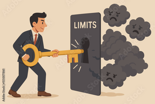 Businessman Unlocks Barriers Concept, Holding Giant Key to Overcome Limits, Release Negative Emotions, Break Boundaries, Defeat Fear, Achieve Success, Challenge Restrictions, Motivation Vector