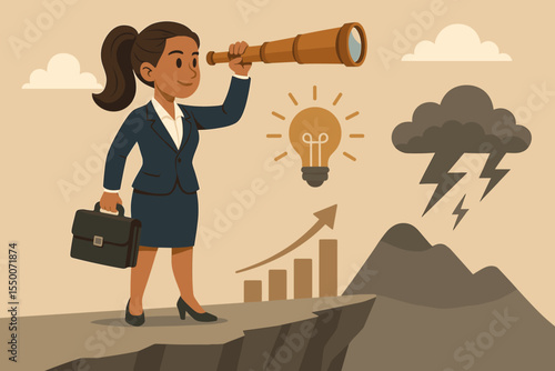 Businesswoman Looking Through Telescope Predicts Future Success and Challenges, Innovation and Leadership Concept, Vector Illustration, Growth Opportunity, Overcoming Obstacles, Strategic Vision