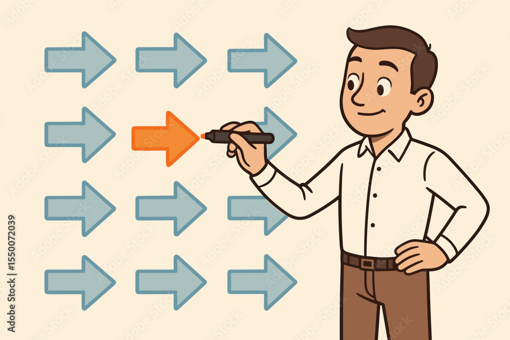 Confident businessman drawing orange arrow against direction of others. Concept leadership, innovation, thinking differently, individuality, business vision, unique strategy. Vector illustration Confident businessman drawing orange arrow against direction of others. Concept leadership, innovation, thinking differently, individuality, business vision, unique strategy. Vector illustration