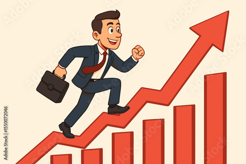 Ambitious businessman running up a rising red arrow graph. Business concept of career growth, leadership, success, and progress. Corporate achievement and financial motivation vector.