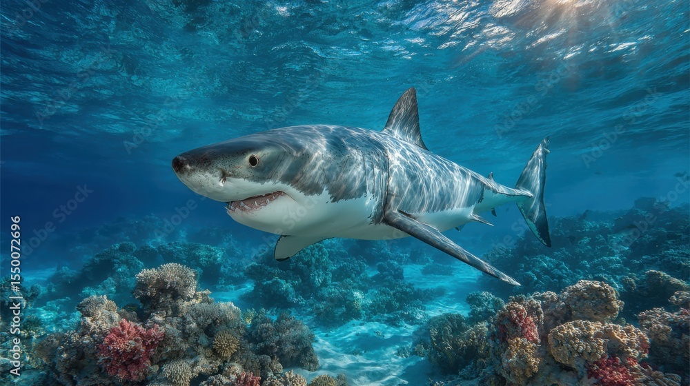 Obraz premium A great white shark glides through crystal clear tropical waters, showcasing its powerful body and sharp teeth. Colorful coral reefs provide a stunning backdrop for this underwater moment.