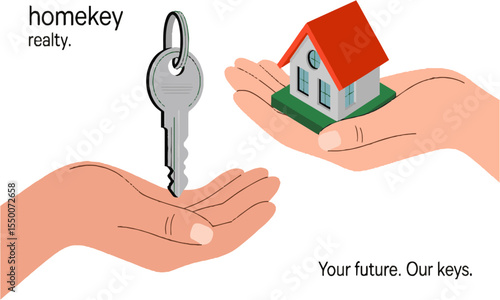 Vector illustration of one hand holding a silver house key other hand holding a small model house, easily editable and scalable.