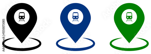 Train station location pin icon vector graphic for map navigation and transportation concept design element on white background.