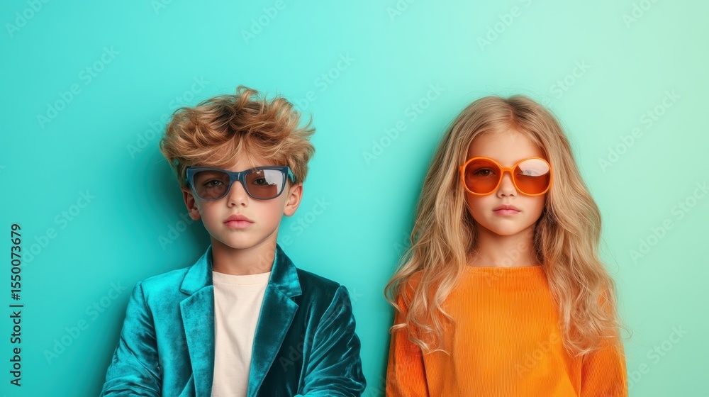 Obraz premium A captivating image of two fashionable children sporting stylish sunglasses, showcasing modern trends against a bright and colorful backdrop that exudes youthful energy and charm.