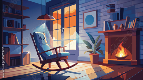 Old house living room interior with a wooden table and chairs by a fireplace