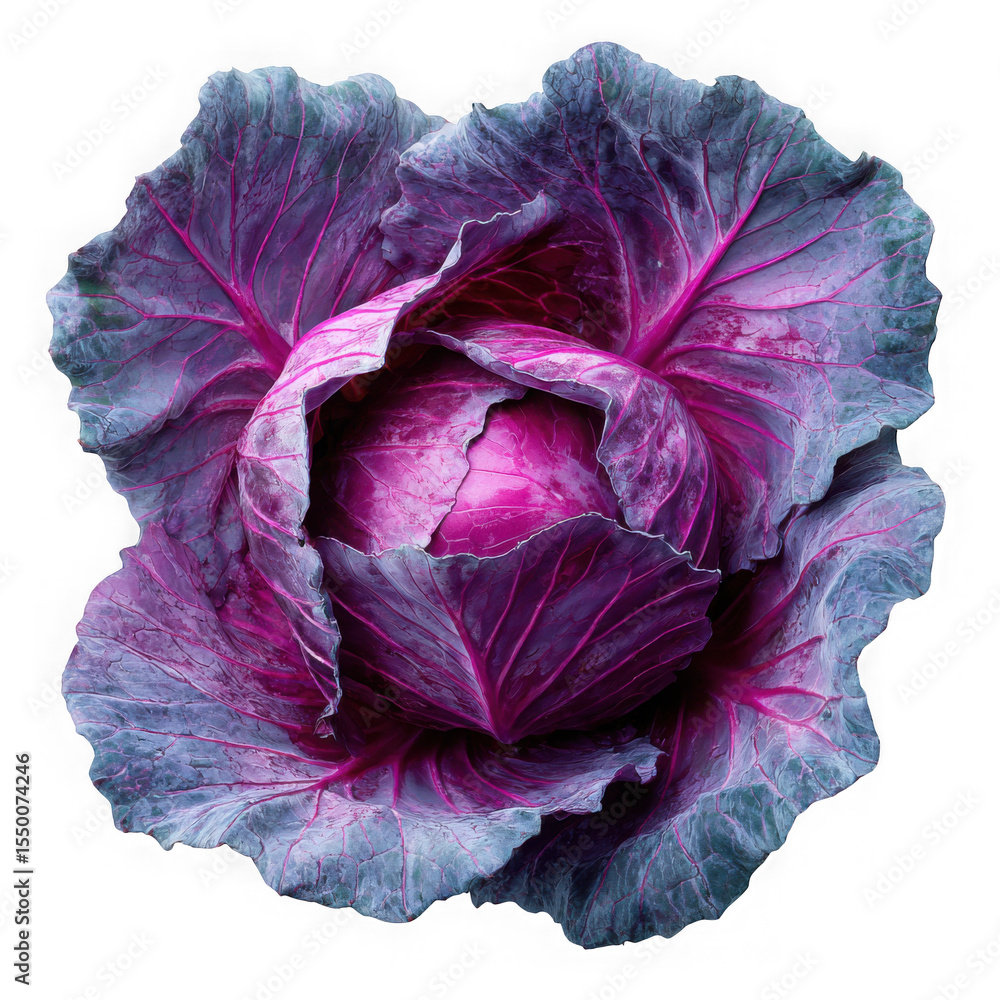 Obraz premium A vibrant red cabbage isolated on transparent background, showcasing its rich purple hues and crisp leaves