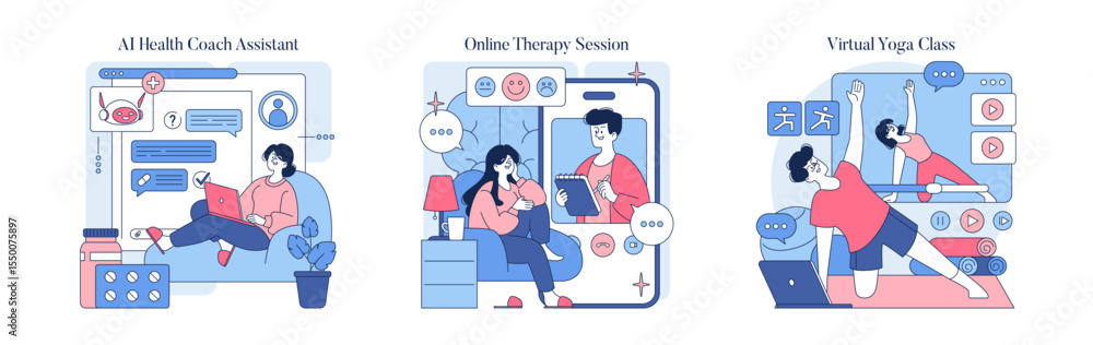 AI Health Coach and Online Therapy Vector Illustrations AI Health Coach and Online Therapy Vector Illustrations