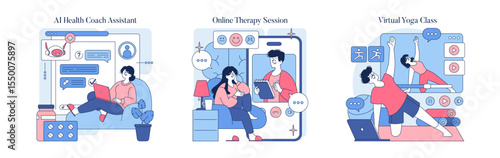 AI Health Coach and Online Therapy Vector Illustrations