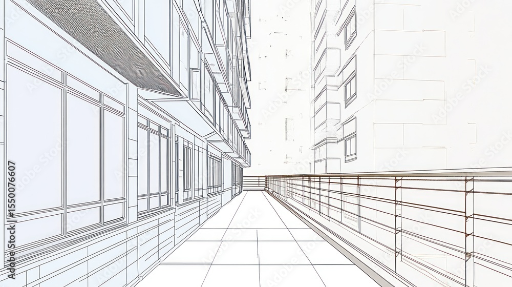 Architectural sketch of a city alleyway between buildings Architectural sketch of a city alleyway between buildings