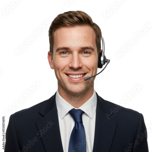 Smiling call center agent with headset isolated on transparent background