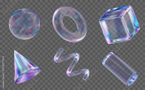 3d set glass transparent holographic geometric shape: square, cylinder, sphere, torus, cone, spiral. Simple neon figures with grid for your design. Stock vector illustration on isolated background.