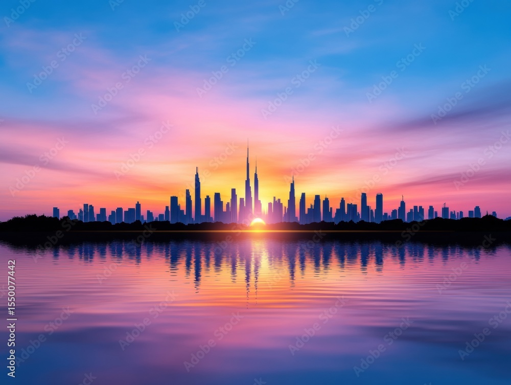 Fototapeta premium City silhouette at sunset, reflected on water