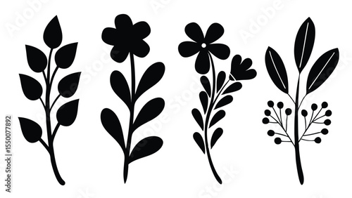 Set of Black and White Decorative Floral Silhouettes