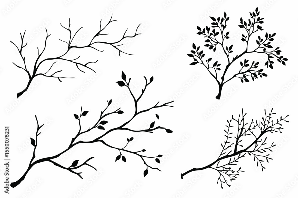 Fototapeta premium Minimalist Branch and Leaf Vector Illustrations in Black and White