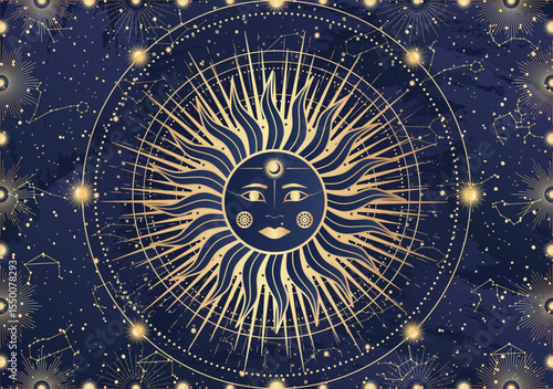 Card of mystical Sun with face, Moon, crescent, star, sunburst, night sky. Constellation galaxy celestial space. Spiritual zodiac horoscope, astrology sign, astronomy symbol. Magic vector illustration