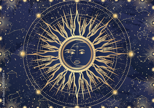 Card of mystical Sun Moon with face, crescent, star, sunburst, night sky. Constellation galaxy celestial space. Spiritual zodiac horoscope, astrology sign, astronomy symbol. Magic vector illustration