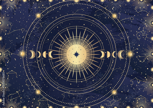 Card of mystical Sun, Moon, crescent, star, sunburst, night sky. Constellation galaxy celestial space. Spiritual zodiac horoscope, astrology sign, astronomy symbol. Magic vector illustration on blue