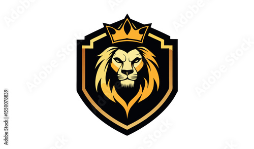 Majestic golden lion wearing a crown on a black shield emblem