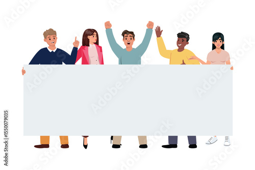 Multicultural team with empty placard, crowd, unity, copy space for message, social movement