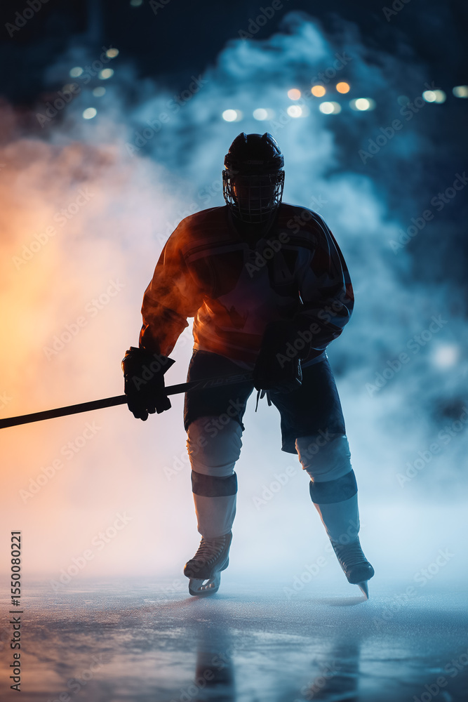 Obraz premium Dark silhouette of a male hockey player in a uniform, helmet and skates with a stick on the ice arena with smoke and blue back light. Sportsman posing at the stadium ice rink. Winter sports.